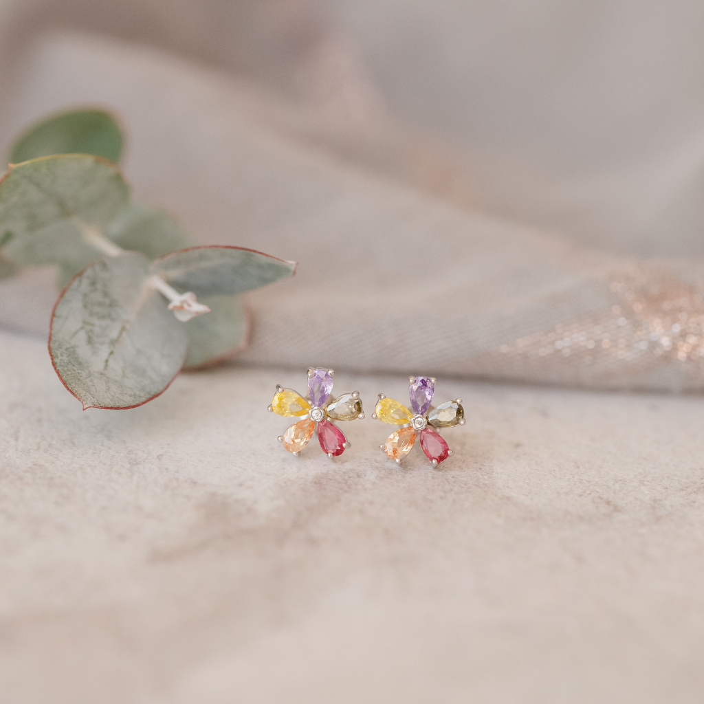 Sterling Silver 5 Leaf Cubic Zirconia Flower Stud Earrings