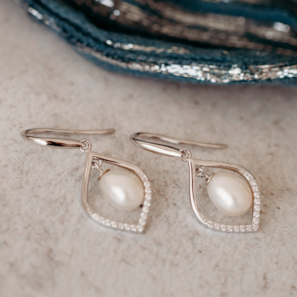 Sterling Silver Dangling Pearl Earrings with CZ