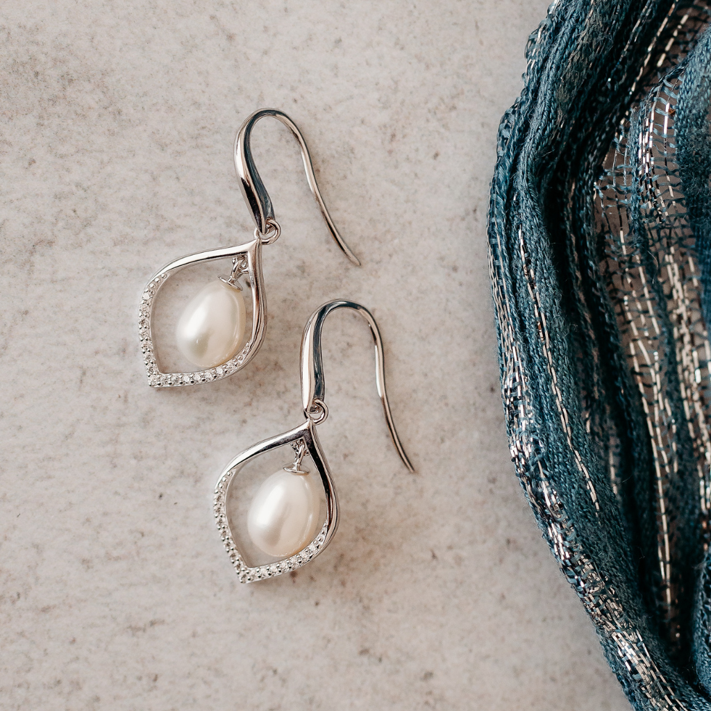 Sterling Silver Dangling Pearl Earrings with CZ