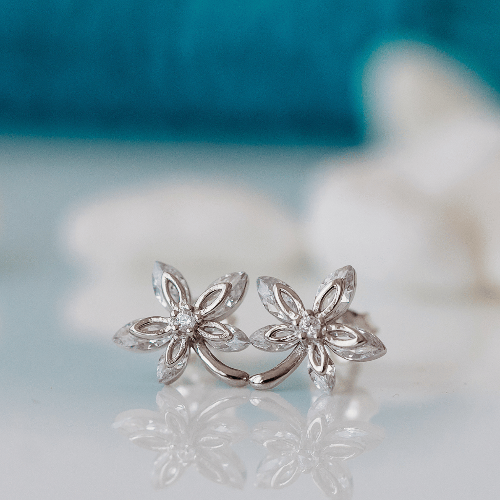 Sterling Silver Double Daisy Stud Earrings with Sparkling Cubic Zirconia