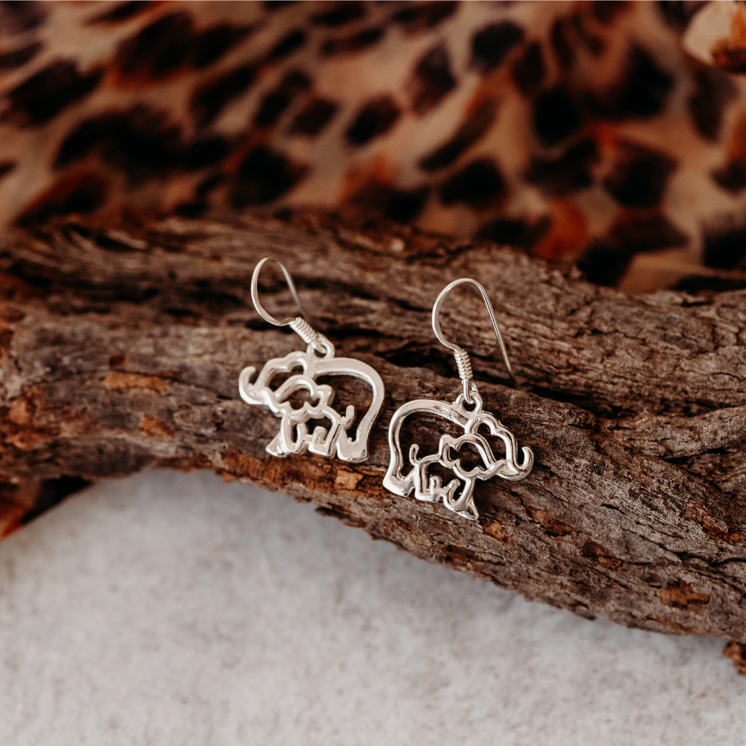 Sterling Silver Mother and Baby Elephant Cut-Out Hook Earrings