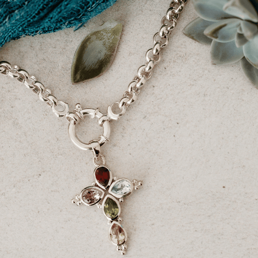 Sterling Silver Multicolor Semi-Precious Stone Cross Shape Pendant