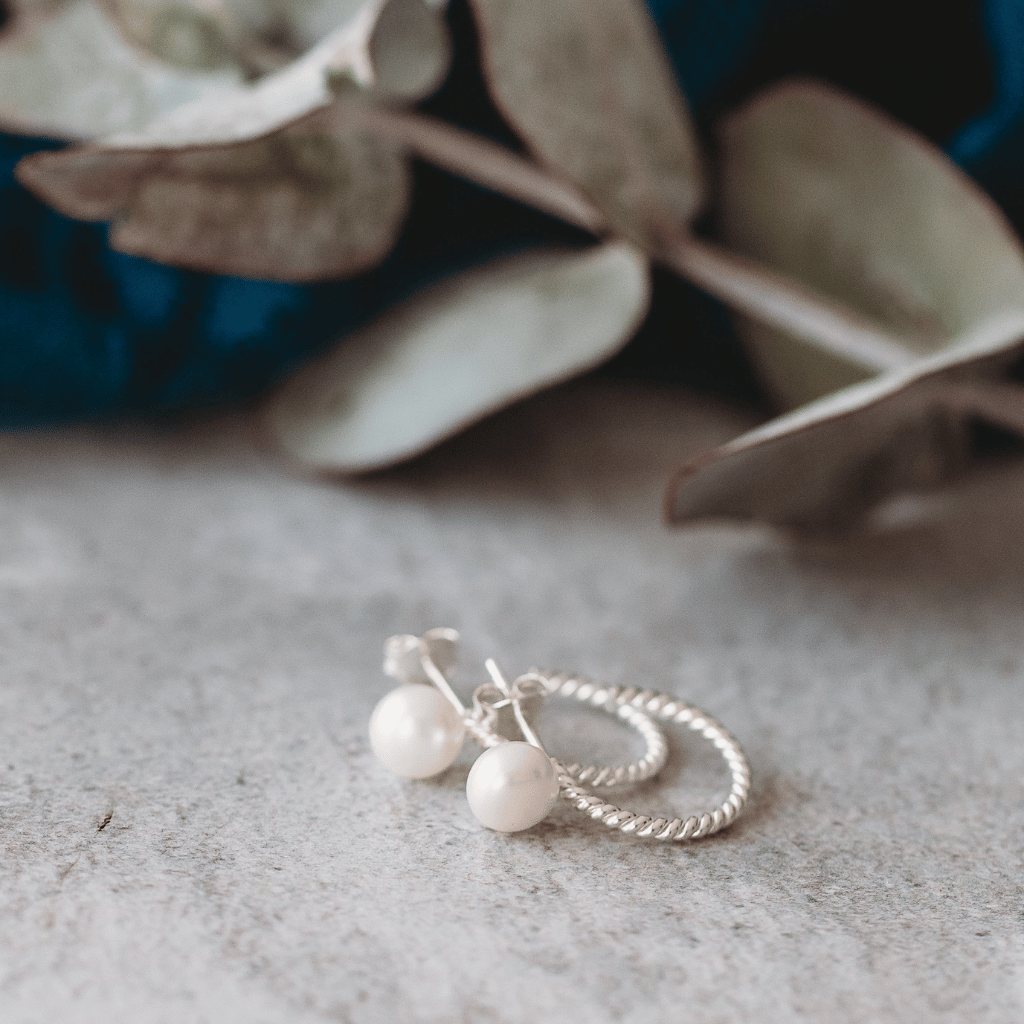 Sterling Silver Pearl Stud on Twisted Circle Earring