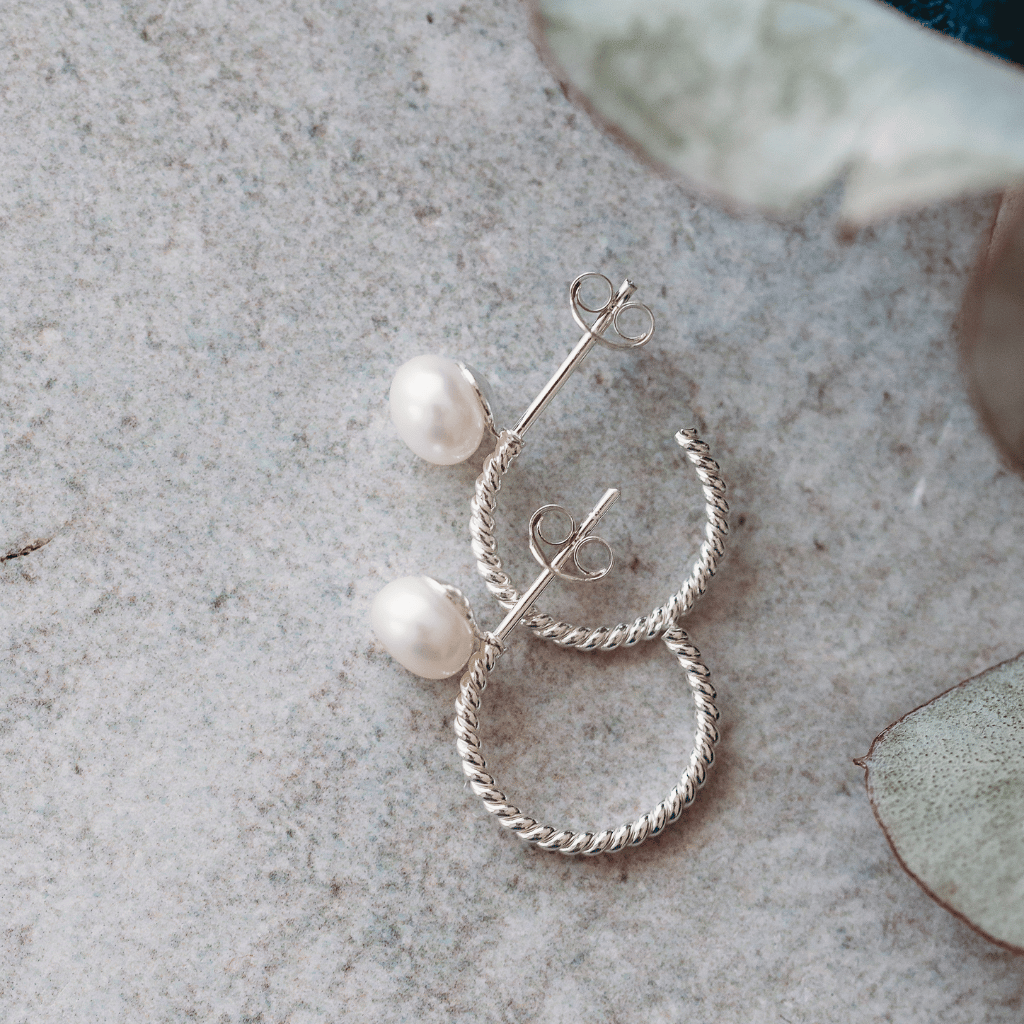 Sterling Silver Pearl Stud on Twisted Circle Earring