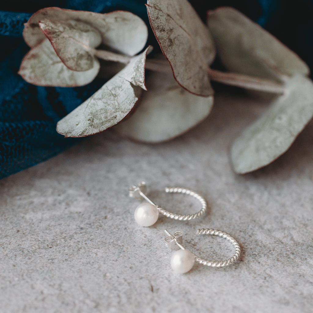 Sterling Silver Pearl Stud on Twisted Circle Earring