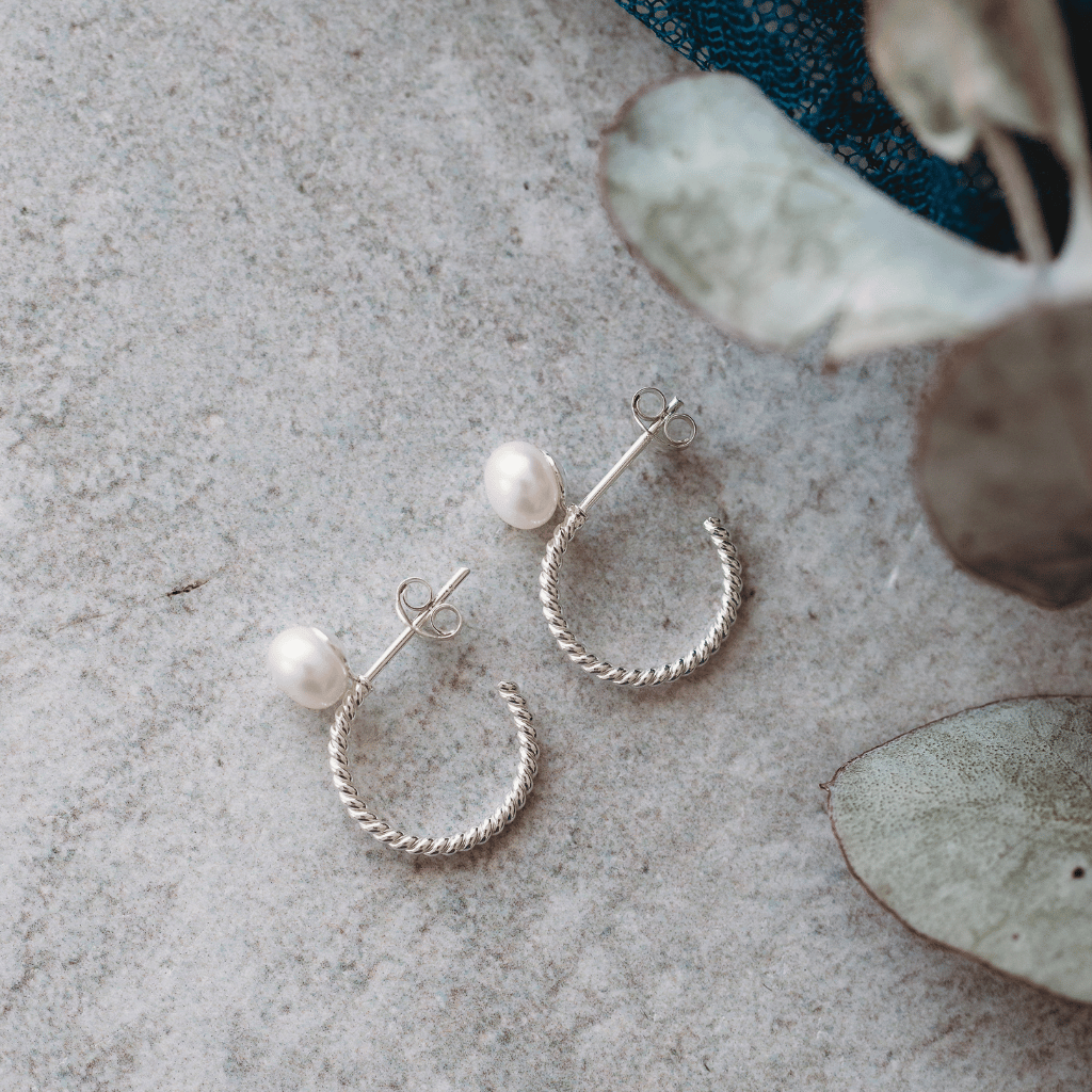 Sterling Silver Pearl Stud on Twisted Circle Earring