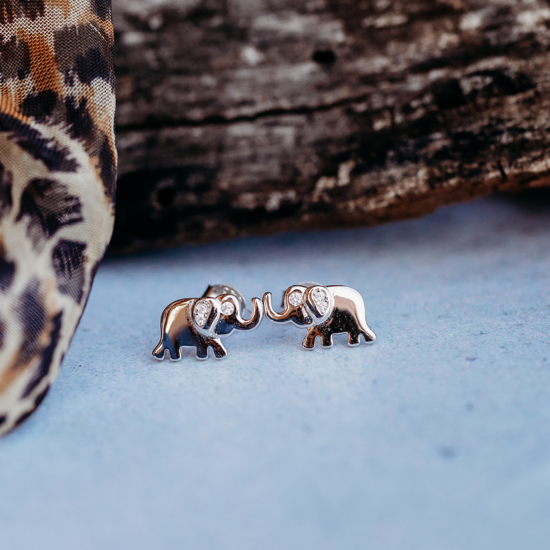 Sterling Silver Solid Baby Elephants Earrings with CZs