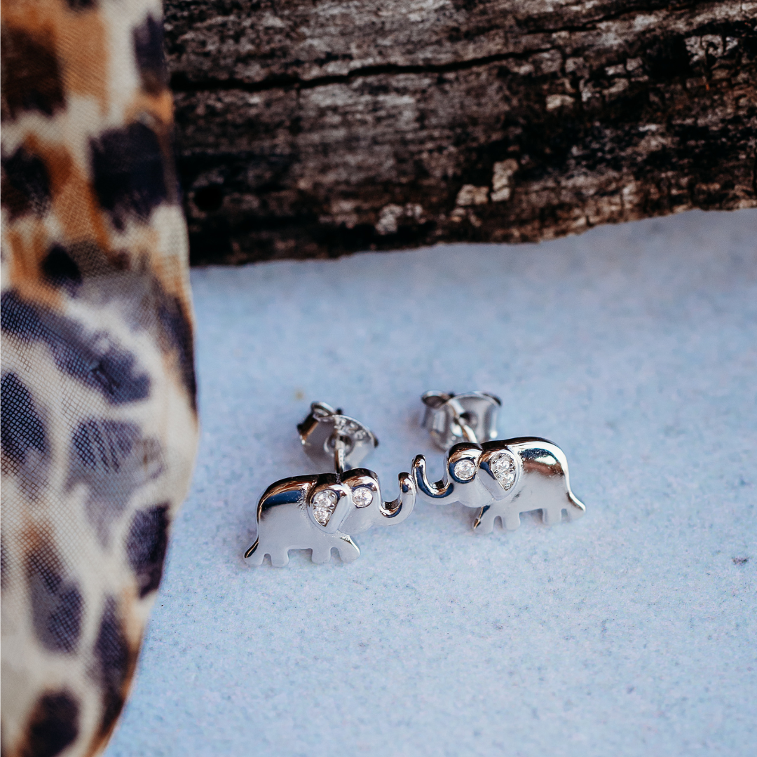 Sterling Silver Solid Baby Elephants Earrings with CZs